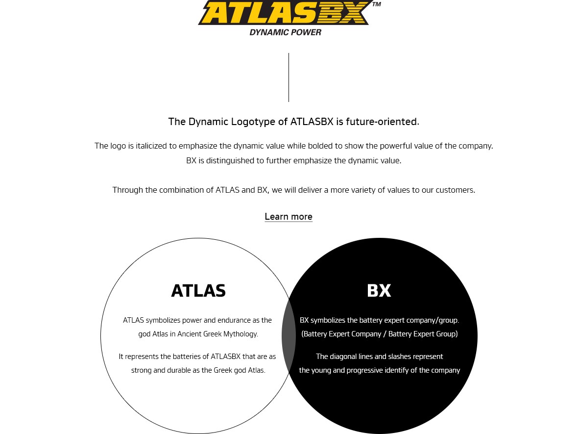 Hankook AtlasBX – The Dynamic Logotype of ATLASBX is future-oriented. The logo is italicized to emphasize the dynamic value while bolded to show the powerful value of the company. BX is distinguished to further emphasize the dynamic value. Through the combination of ATLAS and BX, we will deliver a more variety of values to our customers. ATLAS symbolizes power and endurance as the god Atlas in Ancient Greek Mythology. It represents the batteries of ATLASBX that are as strong and durable as the Greek god Atlas. BX symbolizes the battery expert company/group.(Battery Expert Company / Battery Expert Group) The diagonal lines and slashes represent the young and progressive identify of the company