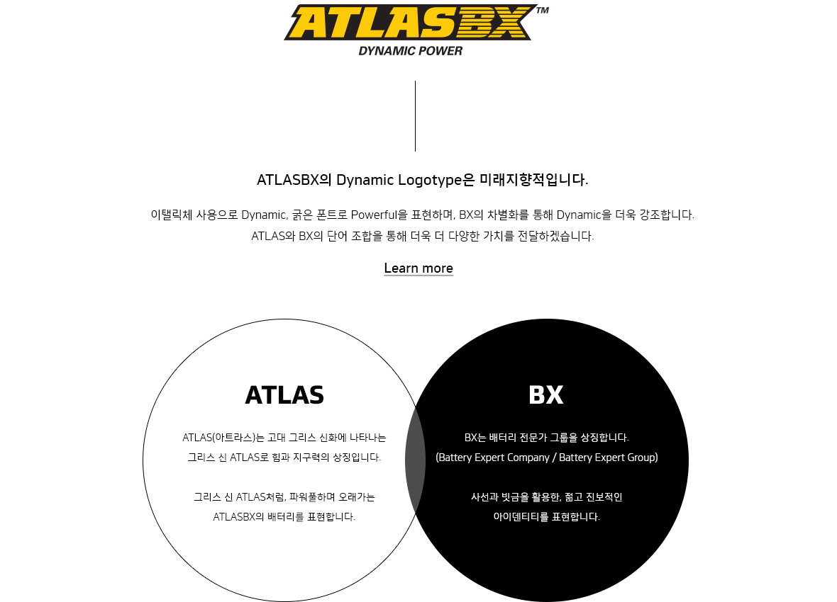 한국아트라스비엑스, Hankook AtlasBX – ATLASBX의 Dynamic Logotype은 미래지향적입니다. 이탤릭체와 굵은 폰트를 사용하여 Dynamic과 Powerful한 성능을 표현하며, BX의 차별화를 통해 Dynamic을 더욱 강조합니다. ATLAS와 BX의 단어 조합을 통해 더욱 더 다양한 가치를 전달하겠습니다. ATLAS(아트라스)는 고대 그리스 신화에 나타나는 그리스 신 ATLAS로 힘과 지구력의 상징입니다. 그리스 신 ATLAS처럼, 파워풀하며 오래가는 ATLASBX의 배터리를 표현합니다. BX는 배터리 전문가 그룹을 상징합니다. (Battery Expert Company / Battery Expert Group) 사선과 빗금을 활용한, 젊고 진보적인 아이덴티티를 표현합니다.